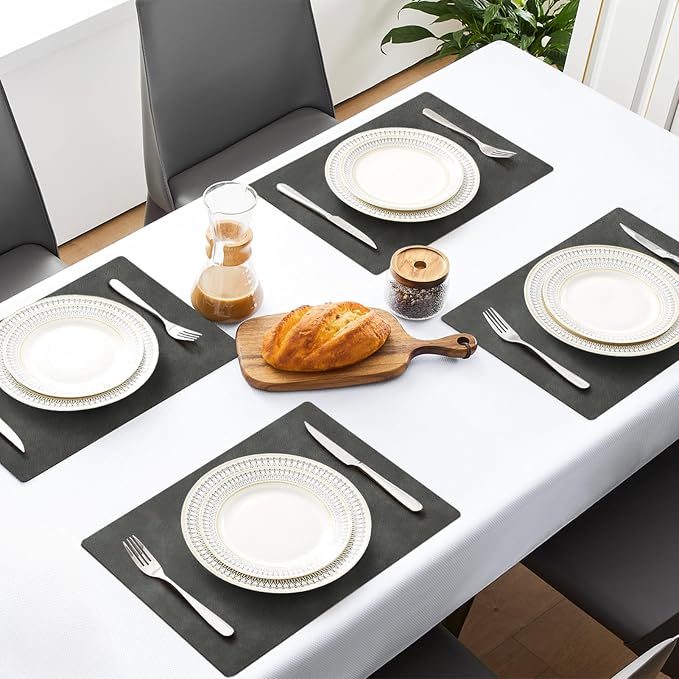 MOSAYT Vinyl Placemats Set of 8-12 X 17 Inch - Faux Leather 100% Waterproof Oil-Proof Wipeable PU Place Mats, Heat Resistant Reversible Table Mats for Kitchen, Dining, Outdoor, Dark Grey