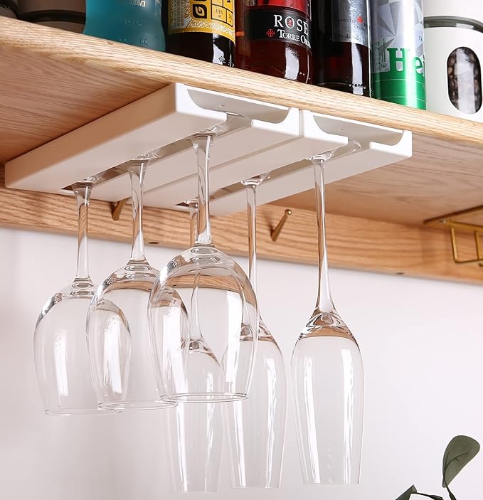 runruii Wine Glass Holder Under Shelf Cabinet Wine Glass Rack Plastic Stemware Rack Glassware Drying Storage Hanger for Kitchen,Bar and Restaurant (White-2Pack)