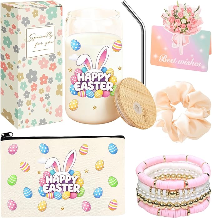 Easter Gifts for Teens Basket Stuffers Bunny Drinking Glasses Cup Coffee Mug with Lid & Straw Spring Easter Gifts for Women