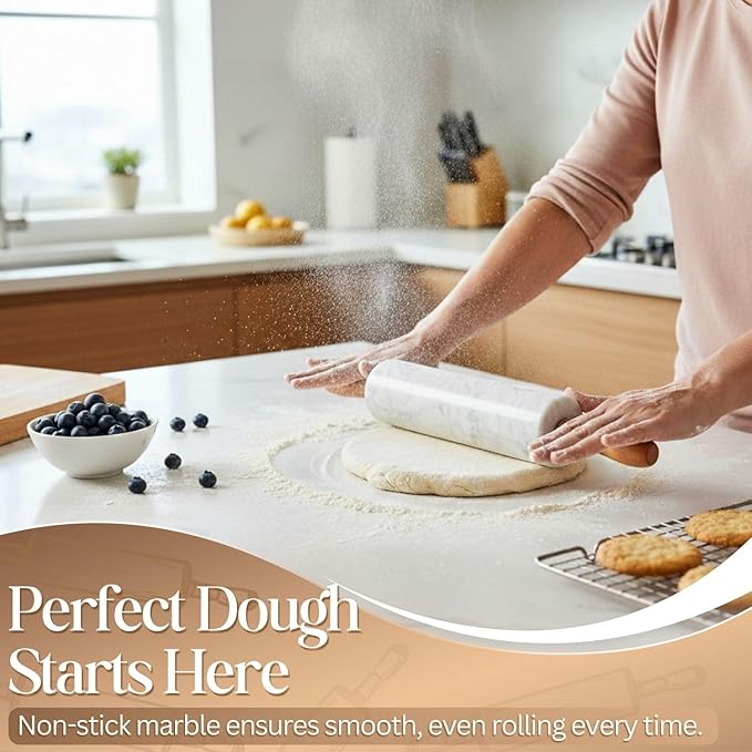 Flexzion Marble Rolling Pin Heavy Nonstick Stone Dough Roller - 10 Inch Polished Barrel with Wooden Handles & Cradle Stand for Baking Pastry Bread Pizza Cookies Pie Crust Pasta Tortillas (White)