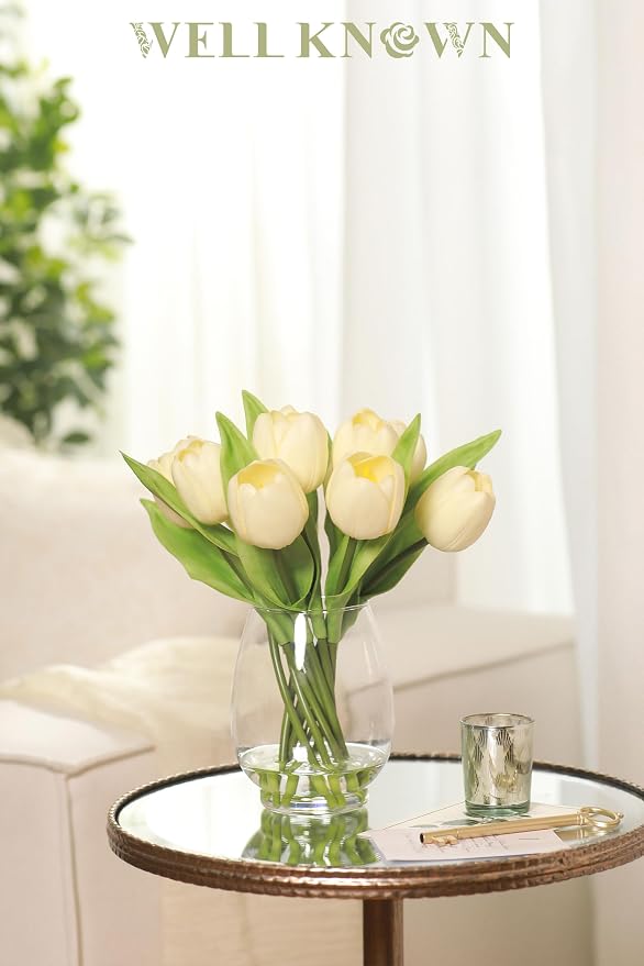 WELL KNOWN 12 Pcs Tulips Artificial Flowers in Vase, Real Touch Tulips with Vase with Upgrate Acrylic Water Flower Arrangements Centerpiece for Dining Room Table Decoration（Cream）