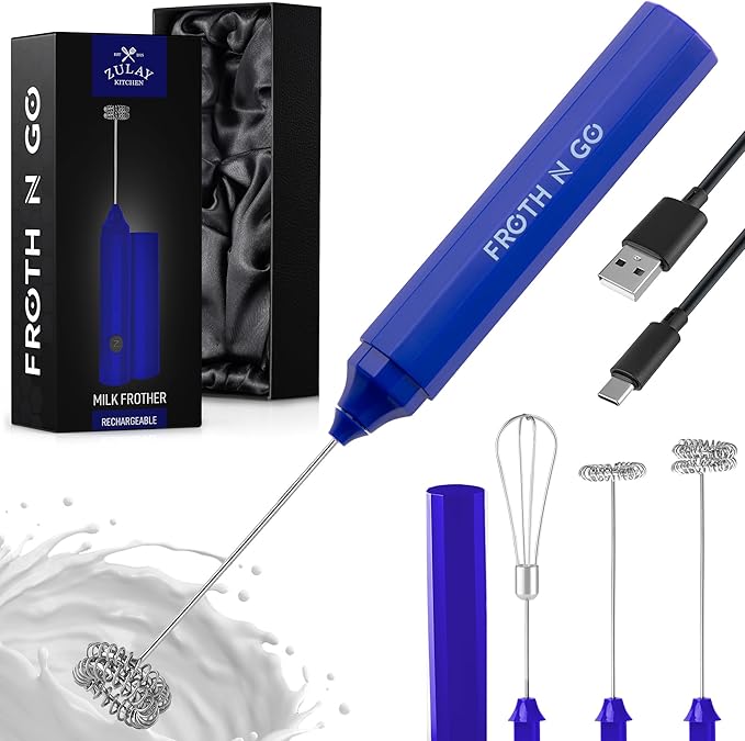 Zulay Froth N Go Milk Frother – Rechargeable 3-in-1 Handheld Frother Wand with Travel Case & USB-C Charger – Single, Double & Egg Whisk for Latte, Cappuccino, Matcha, Protein Shakes - Royal Blue