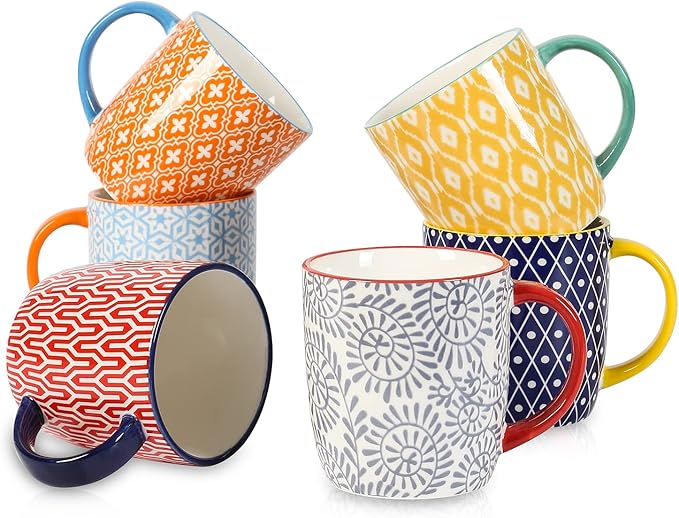 Selamica 10 oz Coffee Mugs Set of 6 with Handle, Coffee Cups Ceramic for Cappuccino Latte Cocoa Milk Tea, Dishwasher Microwave Safe, Assorted Colors