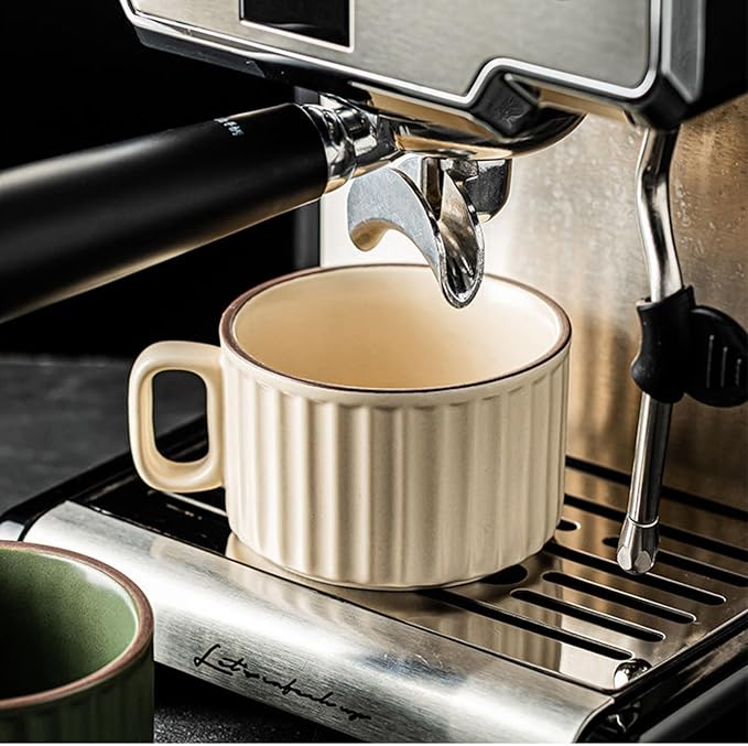 LOWYEPAULHO Cappuccino Cups with Saucers, 8 oz CeramicVertical Stripe Coffee Cup and Saucer set for Au Lait, Double shot, Latte, Cafe Mocha, Set of 4