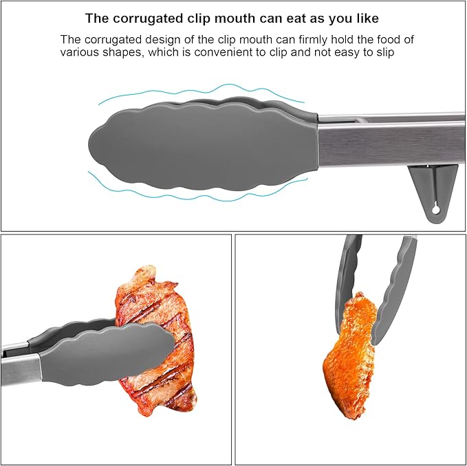 4in1 Stainless Steel Kitchen Food Tongs Set for Cooking with Silicone Tips, Toaster Steak Pie Pizza Pasta Spaghetti Noodles Salad Fruit Vegetable Grill BBQ Buffet Clamp Serving Tools Gadgets