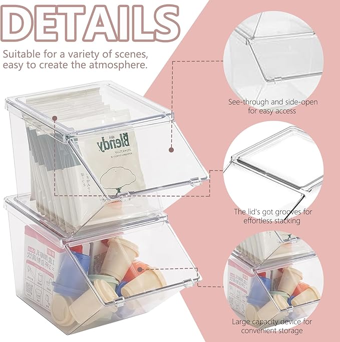 Stackable Tea Bag and Coffee Pod Organizer with Clear Front Flap, Large Capacity Open Storage Bin for Drink Packets, Snacks and Pantry Organization, BPA-Free Plastic