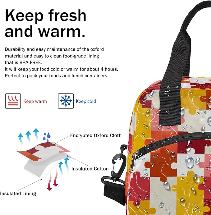 Pardick Autism Puzzle Color Insulated Lunch Bag for Women Leakproof Lunch Box Large Cooler Thermal Tote Bag with Shoulder Strap Meal Prep Bags for Work School Office Picnic Teen Girls Adult