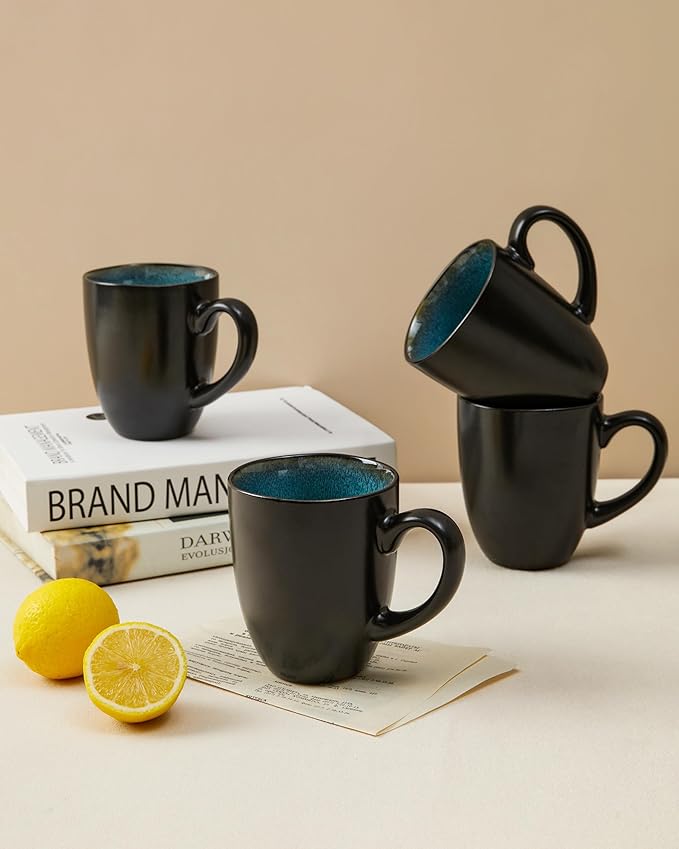 Pokini Coffee Mug 15 oz, Ceramic Coffee Mugs Set of 4, Reactive Glaze Mug for Latte/Tea/Cappuccino/Milk, Irregular Large Mug Set for Men, Women, Dad, Mom, Dishwasher & Microwave Safe, Green Black