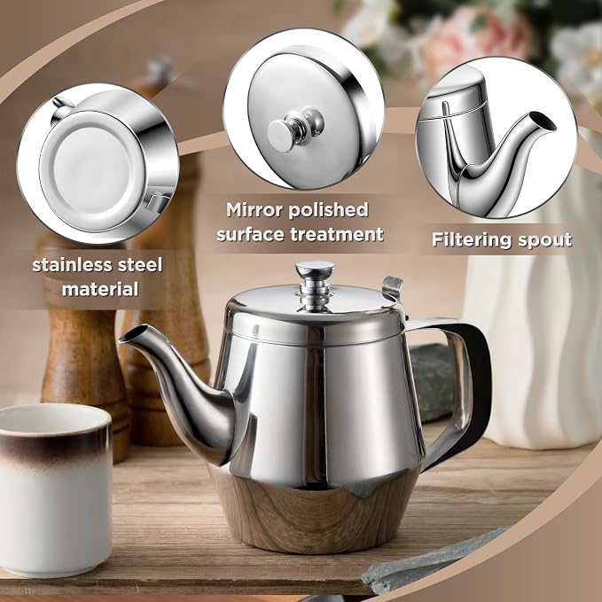 Yungyan 2 Pack Stainless Steel Teapot 32 oz Silver Small Metal Gooseneck Tea Pot Water Kettle for Stove Restaurant Home