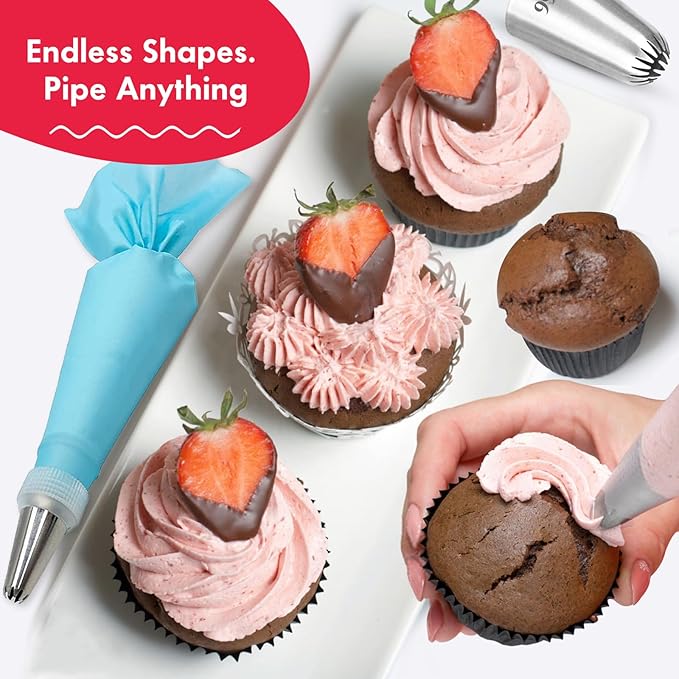 15PCS Reusable Piping Bags and Tips Set - Cake Decorating Kit with 8 Stainless Steel Nozzles, 2 Silicone Pastry Bags, 2 Couplers, Flower Nail, Lifter, Guide & Brush
