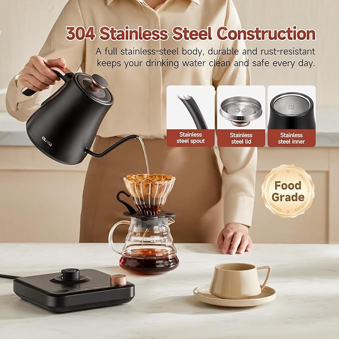 OLEGA Gooseneck Electric Kettle: 1000W Electric Kettles with Temperature Control 0.8L Stainless Steel Electric Tea Kettle Gooseneck Kettle for Coffee Tea Keep Warm (Black)