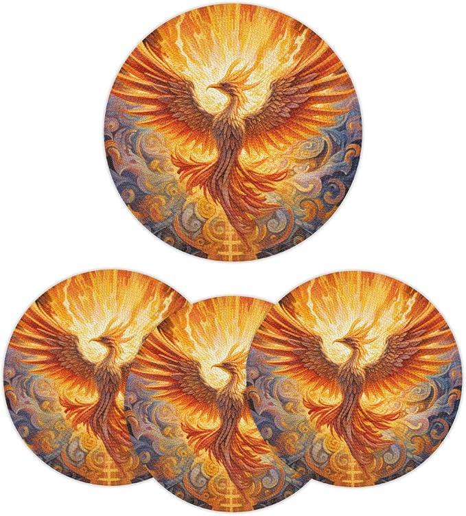 Round Placemats Set of 6, Phoenix Fire Flame Ethnic Pattern Woven Placemats Mats Non-Slip Heat Resistant Washable Table Mats Round Braided Place for Farmhouse Kitchen Dining Party Decor 15in