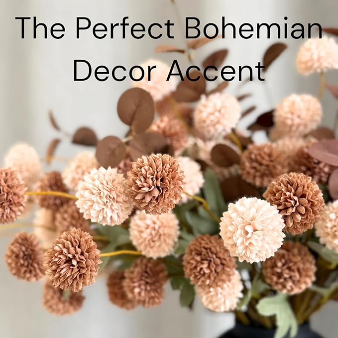 22pcs Artificial Beige & Brown Kiku Flowers with Eucalyptus Stems Bulk, Faux Silk Mum Pom Poms for Vase, Modern Farmhouse Boho Home Decor, Realistic Floral Centerpiece for Kitchen & Living Room