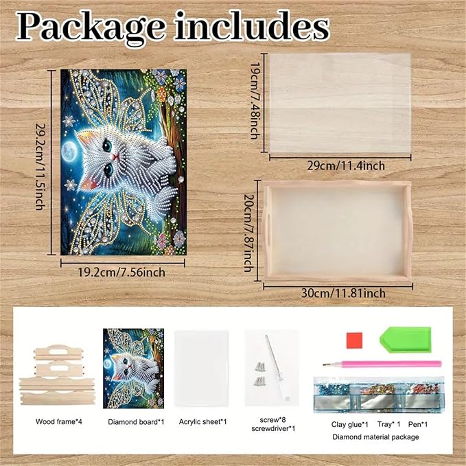 DIY Diamond Serving Tray with Handle Handmade Diamond Art Painting Wooden Rectangular Breakfast Tray for Dinner Plate Coffee Room Living Home Organizer-Cat02