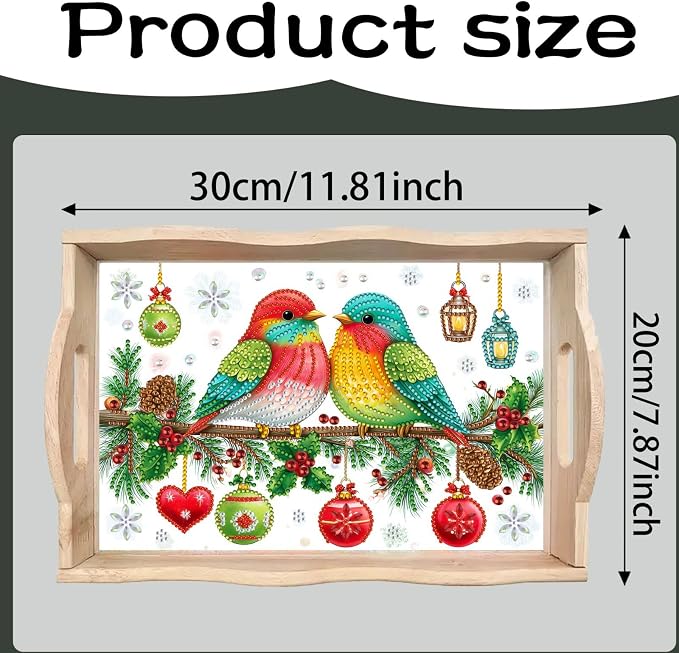 BAYUNOE DIY Diamond Serving Tray Christmas Rectangular Breakfast Tray with Handle Handmade Diamond Art Painting Wooden Tray for Dinner Plate Coffee Room Living Home Organizer-Colorful Bird