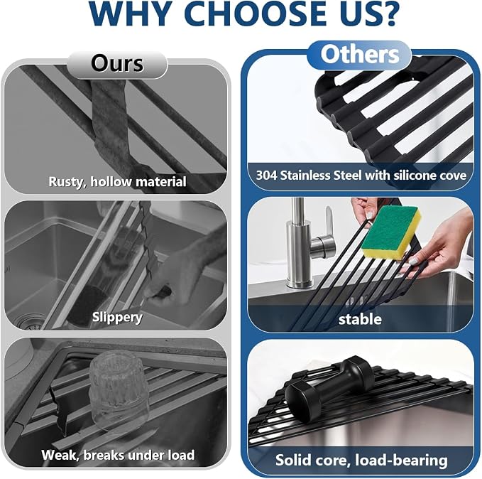 Credon Triangle Roll Up Dish Drying Rack Over The Sink, Triangular Sink Rack, Sink Corner Foldable Silicone Coated Stainless, Anti-Slip Organizer for Kitchen, Heat-Resistant, Non-Slip (Black)