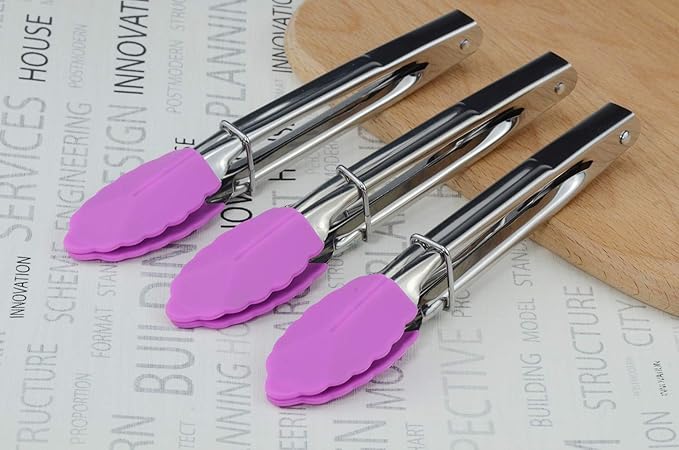 HINMAY 7-Inch Stainless Steel Tongs with Silicone Tips Locking Metal Food Tongs, Set of 3 (Purple)