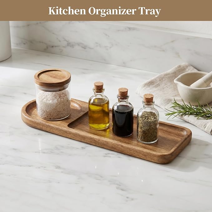 Small Wooden Tray | Acacia Wood Tray for Vanity, Bathroom Counter, Coffee Table & Toilet | Perfect for Jewelry, Remote, Snack| Mini Charcuterie Board Serving Platter (Rounded Rectangle 2-Compartment)