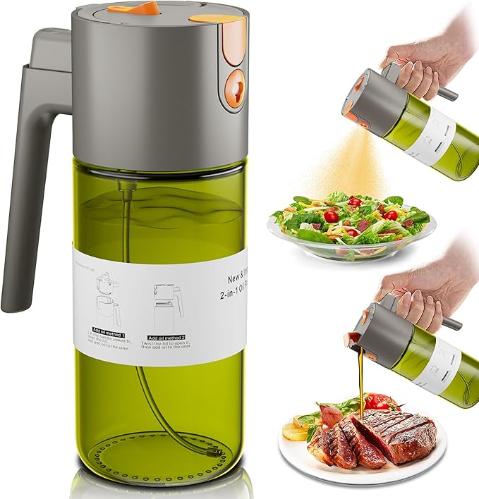 OURCABECUE Upgrade 2 in 1 Oil Sprayer for Cooking, 17oz Light-Blocking Glass Olive Oil Dispenser Bottle for Kitchen,Food-Grade Oil Mister with 8 Stickers for Salad, Frying (Green Bottle-Grey Gap)