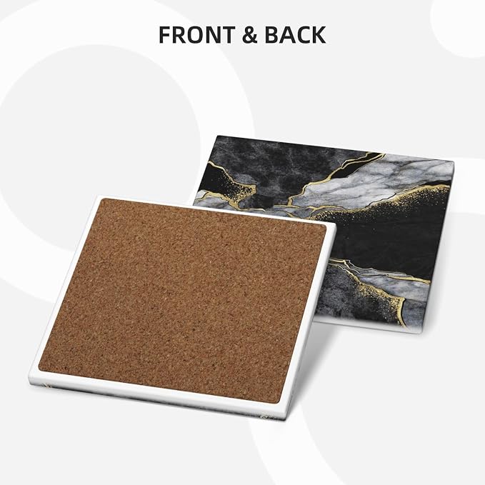 Luxury Black Grey Marble Square Ceramic Coasters Set of 6 Pack, Dark Gray Golden Ink Granite Texture Stone Drink Coaster with Cup Holder Anti-Scratc Cork Backing Bar Kitchen Home Housewarming Gift
