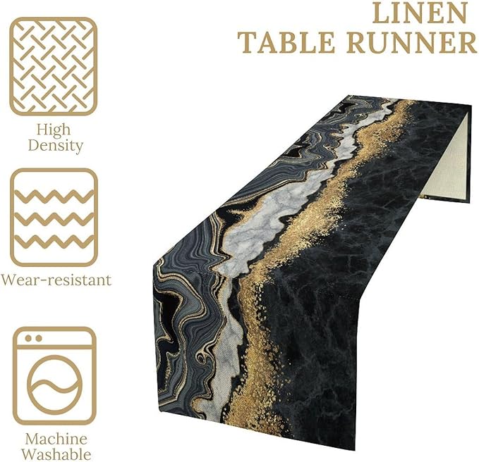 Marble Table Runner, Modern Luxury Foil Cracked Texture Black Gold Marble Printed Linen Table Runners for Kitchen Living Room Farmhouse Dining Room Party Home Decor 13" W x 60" L