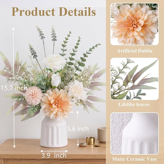 Fake Flowers in Vase, Artificial Flowers with Vase, 15.7'' Floral Arrangements for Dining Table Centerpiece Decor, Silk Roses & Faux Dahlia Bouquet for Farmfouse Kitchen Coffee Table Decor (Champagne)