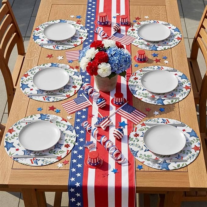 4th of July Round Placemats Set of 2 Patriotic Star Floral Place Mats Independence Day Woven Placemat Green Eucalyptus Leaves Circle Braided Table Mat for Kitchen Dining Table Party Decor 15 Inch