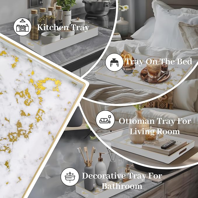 MAONAME White Decorative Tray with Handles, Plastic Serving Tray for Coffee Table, Marbling Rectangular Trays for Ottoman, Bathroom, Storage, 15.8" Lx 10.2" W X 1.4" H