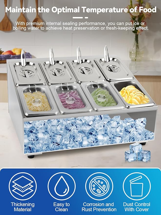 8 Pans Spice Rack Shelf 2 Row Stainless Steel Spice Organizer Stand with Lids Spoons Countertop Inclined Holder Buffet Containers Set for Sauce Jam Fruits Ingredient Kitchen Restaurant Pantry