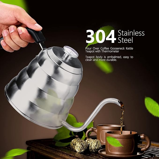 Premium 304 Stainless Steel Pour Over Coffee Gooseneck Kettle Teapot with Thermometer 1L 1.2L Capacity Beehive Design (1.2L)