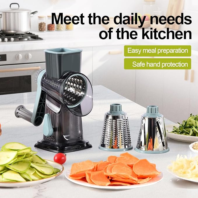 Rotary Cheese Grater, 3-in-1 Shredder for Cheese Vegetables Nuts with Hand Crank - Interchangeable Stainless Steel Blades, Strong Suction Base, Finger-Safe Design, BPA Free, Blue