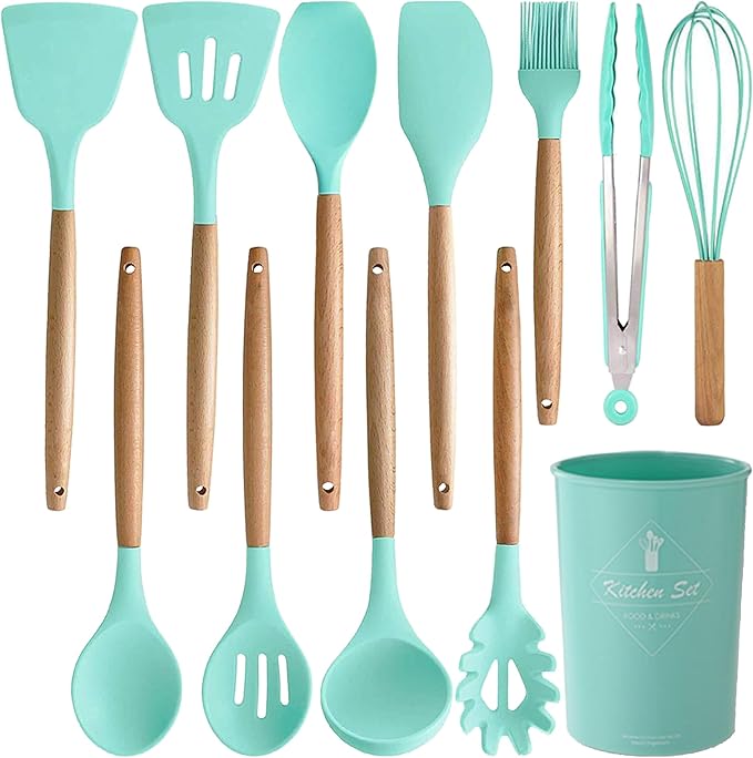 Silicone Kitchen Cooking Utensils Set,12 pcs Non-stick Silicone Kitchen Utensils Set 446°F Heat Resistant, BPA Free, Stirring cooking Set Spatula Turner Spoon Tongs Whisk(Dark Green)