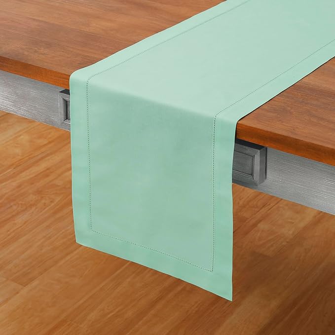 Solino Home Table Runner 108 Inches Long - Cotton Linen Hemstitch Aqua Table Runner 14 x 108 Inch for Spring, Summer
