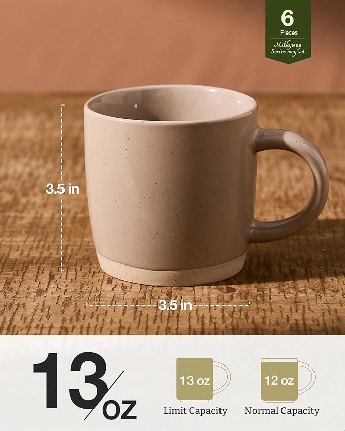 famiware Coffee Mugs for 6, 13 oz Mug Set, Dringking Cup with Handle for Coffee, Tea, Cocoa, Milk, Milkyway Serise, Cinnamon Brown