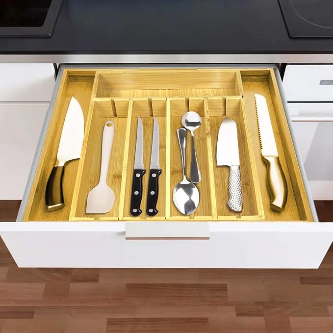 Bamboo Adjustable Drawer Organizer - Expandable Utensil Organizer for Flatware, Adjustable Cutlery & Knives. Ideal Utensil 7 Slots large Drawer Organizer for Kitchen, Natural
