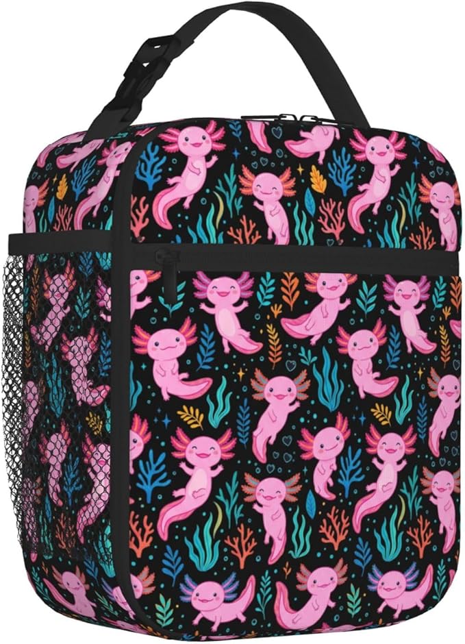 Axolotl Insulated Lunch Box - Leakproof Reusable Cooler Tote with Side Pocket, Thermal Meal Prep Bag with Reinforced Handle for Men Women, Office Work, Picnic, Hiking & Travel