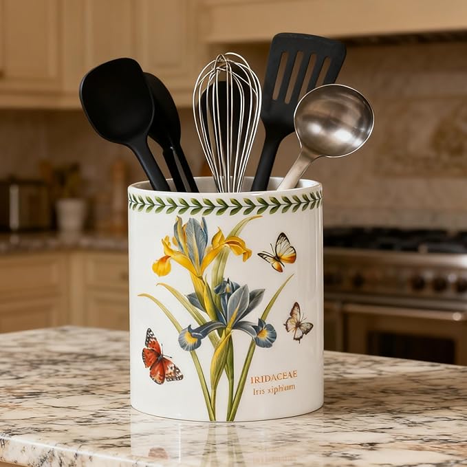 Floral Kitchen Utensil Holder, 7.1 Inch Large Ceramic Crock, Sunflower Pattern, White Kitchen Counter Organizer (iris)