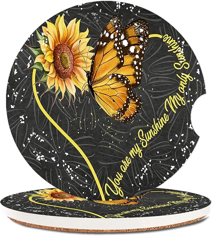 Butterfly Sunflower Absorbent Cup Holders Car Coasters,Ceramic Stone Drinks Coaster Set for Women Man 2.56"(2 Pack)