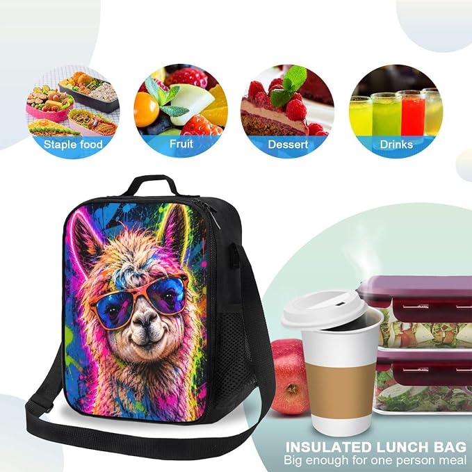 Alpaca Lunch Bag for Women Men Portable Reusable Insulated Lunch Box Leakproof Meal Prep Tote Thermal with Adjustable Shoulder Strap for Adult Work Picnic