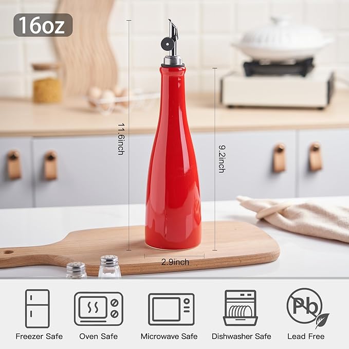 YOLIFE Olive Oil Dispenser Bottle, 20oz Ceramic Oil Dispenser for Kitchen, Oil Bottle with Gravity Spout, Leak Proof EVOO Dispensing Bottle with 2 Spouts and 1 Funnel for Vinegar, Juice(Red)