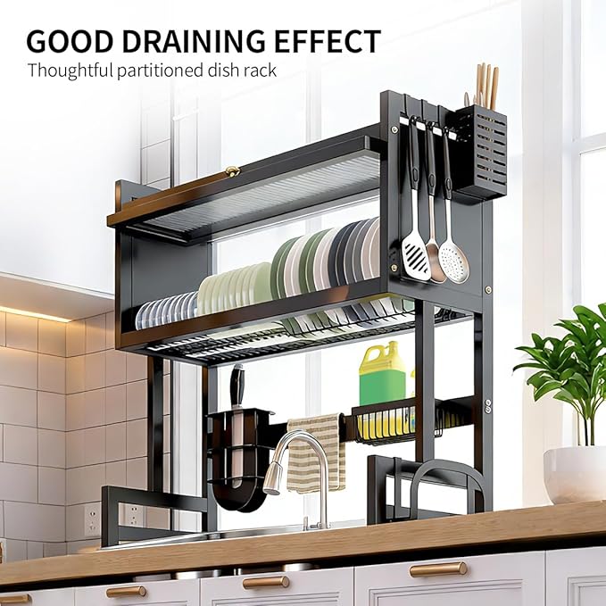 Verida Over the Sink Dish Drying Rack 3 Tier, Over Sink Dish Drain Drying Rack for Kitchen Storage of Dishes and Cutlery, Space Saving Dish Rack with Cover, Black