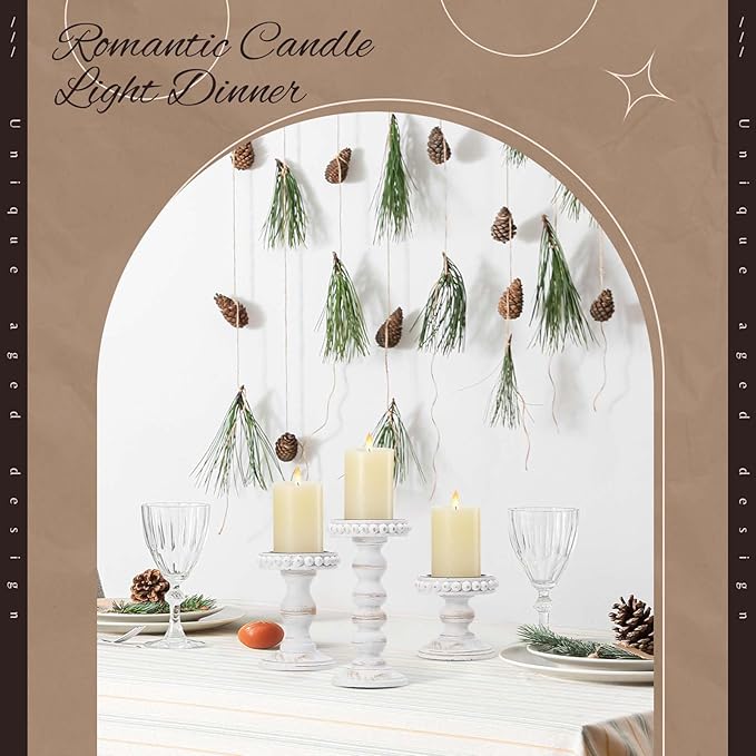 Mumufy 3 Pcs Candle Holders for Pillar Candles Rustic Farmhouse Home Decor Decorative Washed Beaded White Black Wood Candle Holder Country Style for Table Mantel Fireplace Wedding (White,Small)