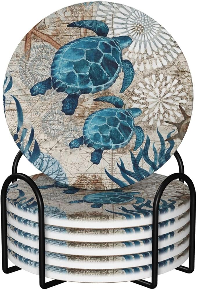 Nautical Coastal Green/Blue Turtle 6 Pcs Ceramic Coaster Set with Holder/Cork Ocean Beach Funny Man Boy Teen Animal Absorbent Round Cup Drink Coasters Set for Modern Coffee Table Bar Wine Beer Protect
