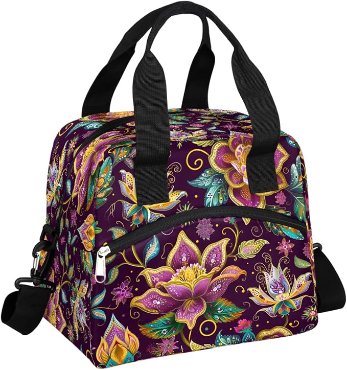 Pardick Ethnic Flower Purple Insulated Lunch Bag for Women Girl Reusable Lunch Tote Box With Shoulder Strap Lightweight Thermal Cooler Meal Prep Bag for Work School Office Picnic