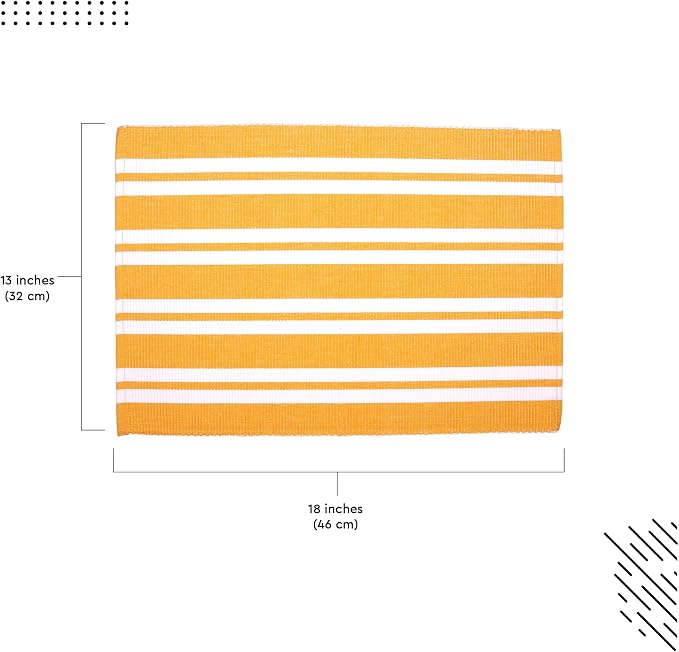 Encasa XO Dining Placemat Set of 6 | Franca Yellow Stripes Color | Fine Ribbed Cotton Table mat | Size 18x13 in | Machine Washable