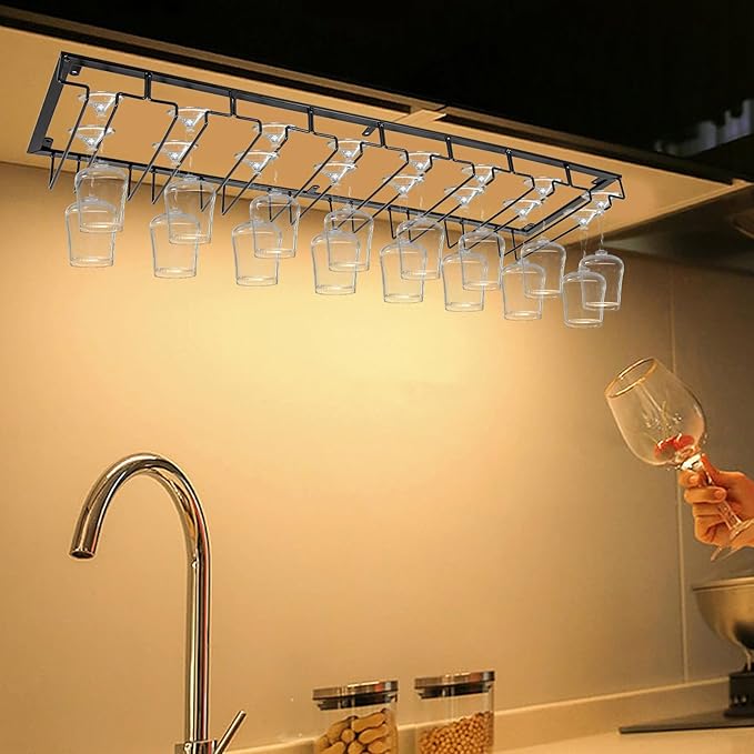 16 Wine Glasses Rack Holder Hanging Metal Storage Shelf Wall-Mounted Cup Holder Upside Down Hanging Under Cabinet Wine Glass Iron Holder Rack For Bar Kitchen (Black)