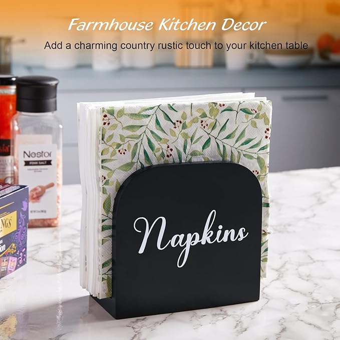 Black Napkin Holder for Table - ALELION Wooden Napkin Holders for Kitchen - Black Kitchen Decor and Accessories for Dining Room Table - Wood Napkin Dispenser