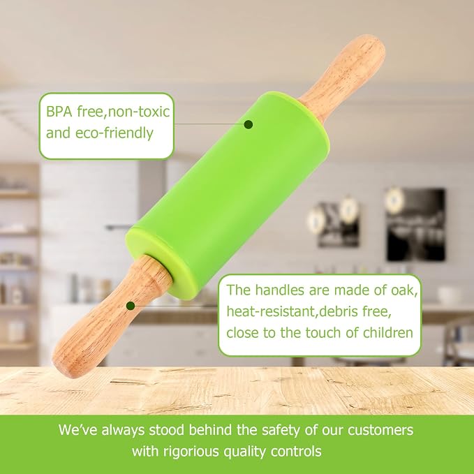 Mini Silicone Rolling Pin for Kids, Non-stick Surface Wood Handle, 9 Inch 2 Pack