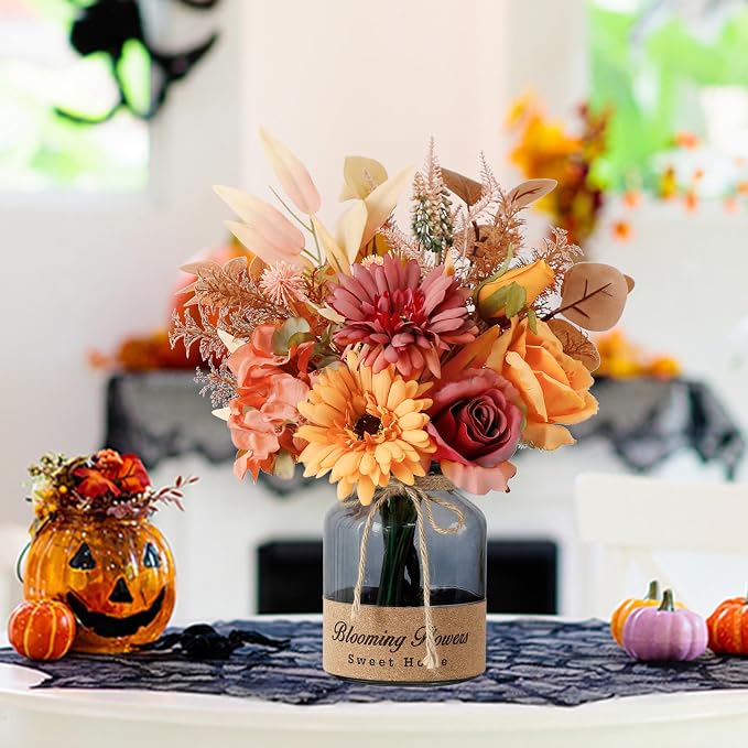Leftover Fake Fall Flowers in Vase,Artificial Flowers with Vase,Centerpiece Table Decorations,Fall Centerpieces for Tables,Fall Kitchen Decor,Fall Flower Arrangements,Home Decor Living Room