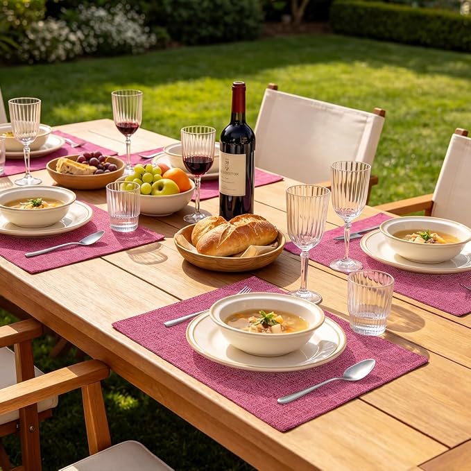 homing Faux Cotton Linen Placemats Set of 6, Cloth Washable Farmhouse Dining Table Mats for Indoors & Outdoors, Easy to Clean, Hot Pink, 13 x 19 Inch